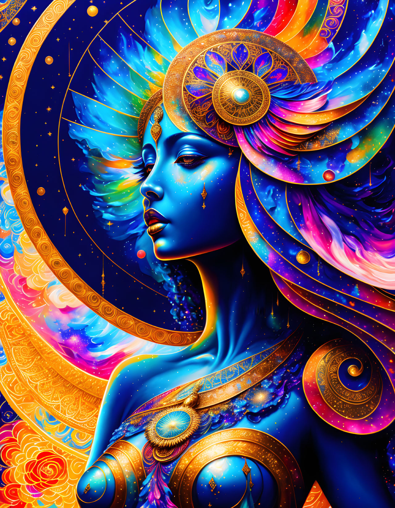 Colorful woman with blue skin and cosmic hair on celestial backdrop