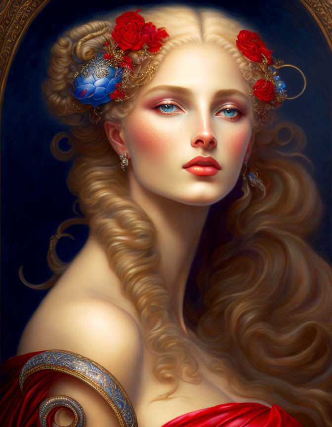 Portrait of woman with wavy blonde hair, red flowers, blue fabric, blue eyes, and red