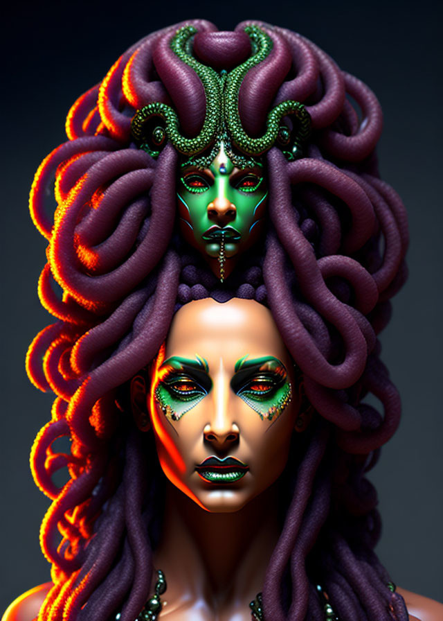 Vibrant Medusa Art: Serpents in Red and Green