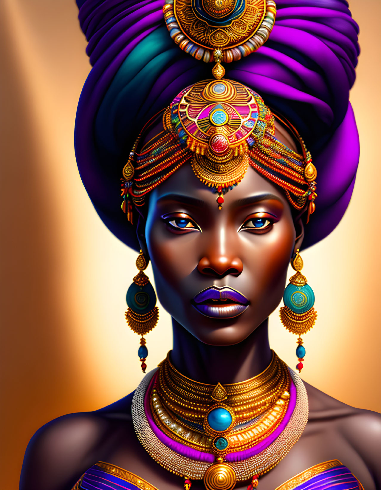 Vibrant digital art portrait of a woman in purple headgear and golden jewelry