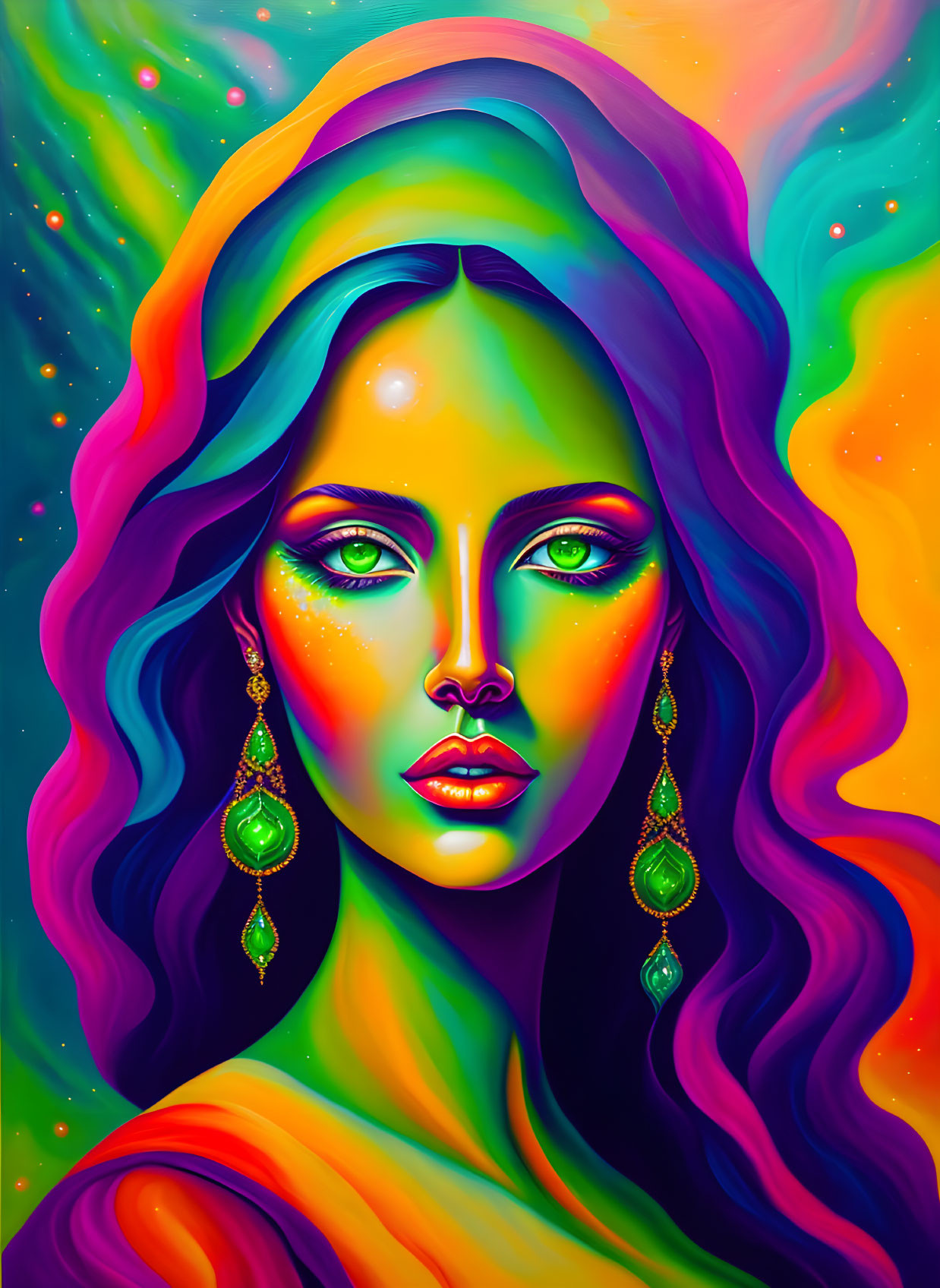 Colorful portrait of a woman with flowing rainbow hair and green eyes on cosmic background