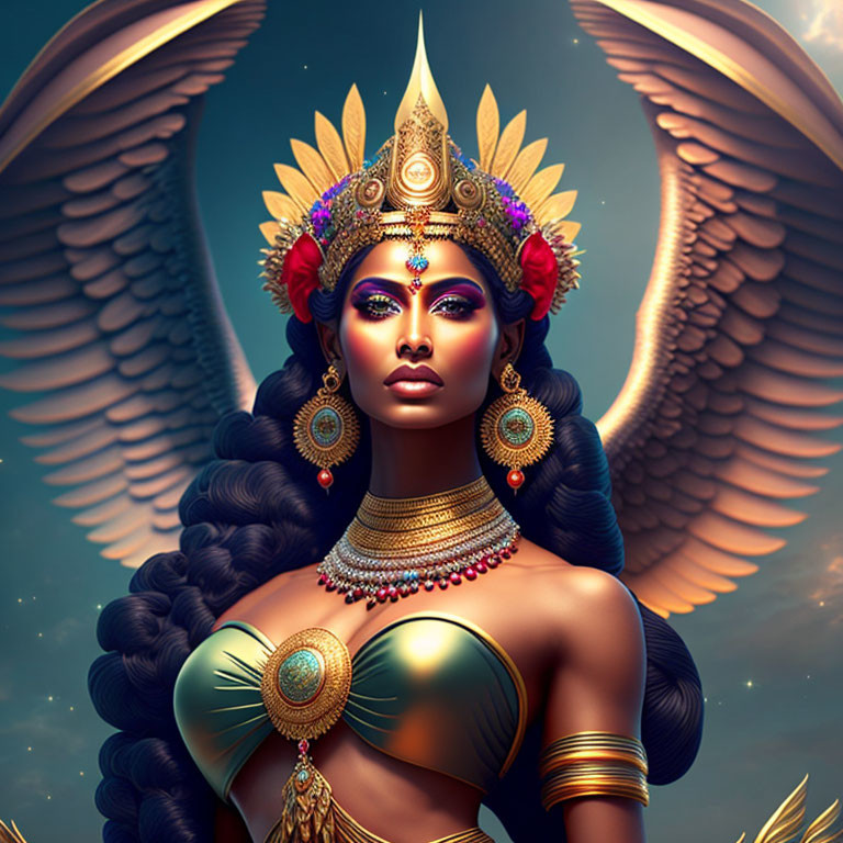 Elaborate golden headdress and jeweled ornaments on regal figure against celestial backdrop