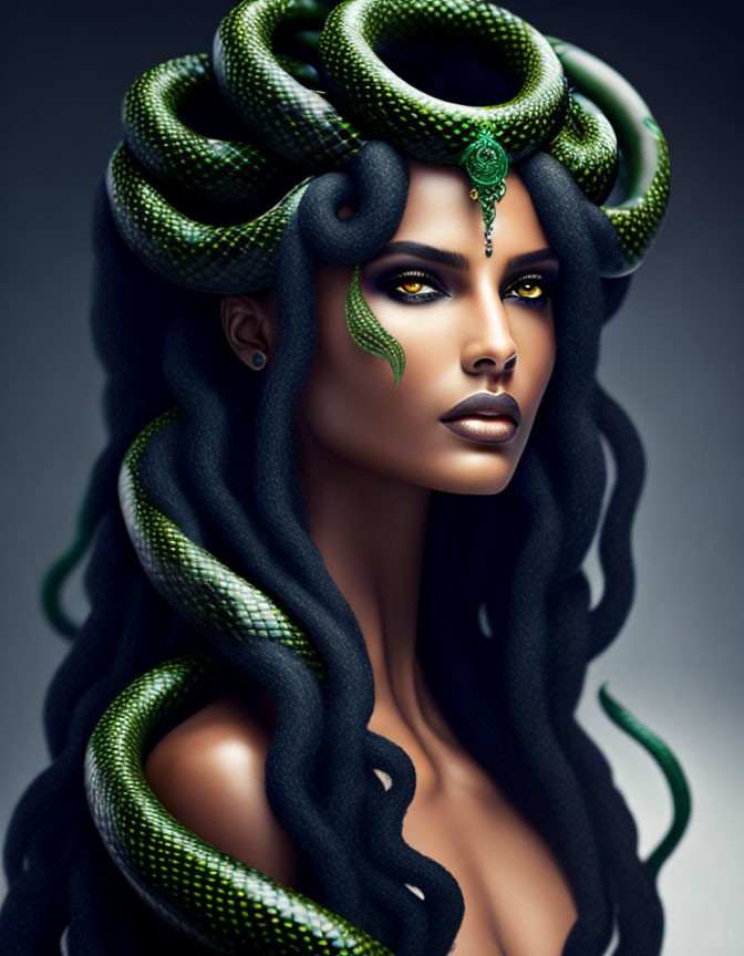 Stylized portrait of woman with dark hair and live green snakes, wearing serpent-themed headpiece on