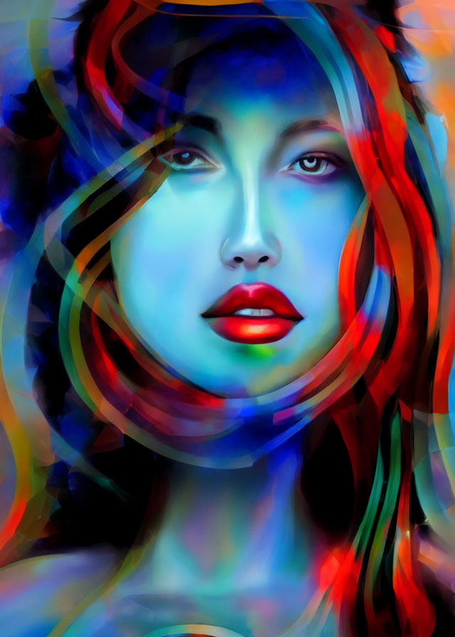 Vibrant digital portrait of a woman with swirling blue and red hues