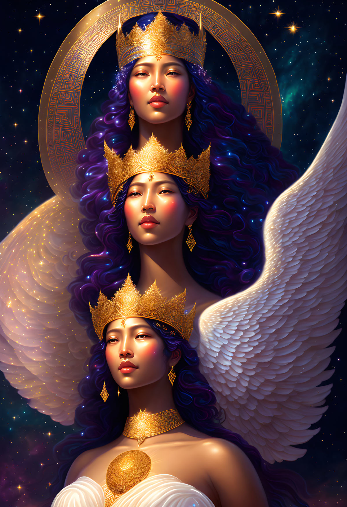 Ethereal women with golden crowns and white wings in celestial setting