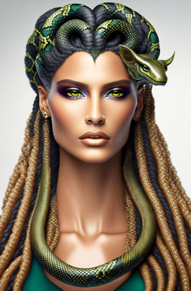 Woman with artistic makeup and snake braided hair in Medusa style