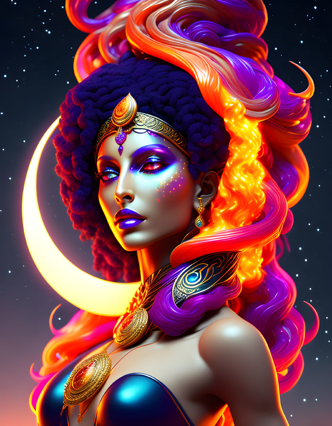 Vibrant digital artwork of mythical woman with crescent moon, colorful hair, gold jewelry, and