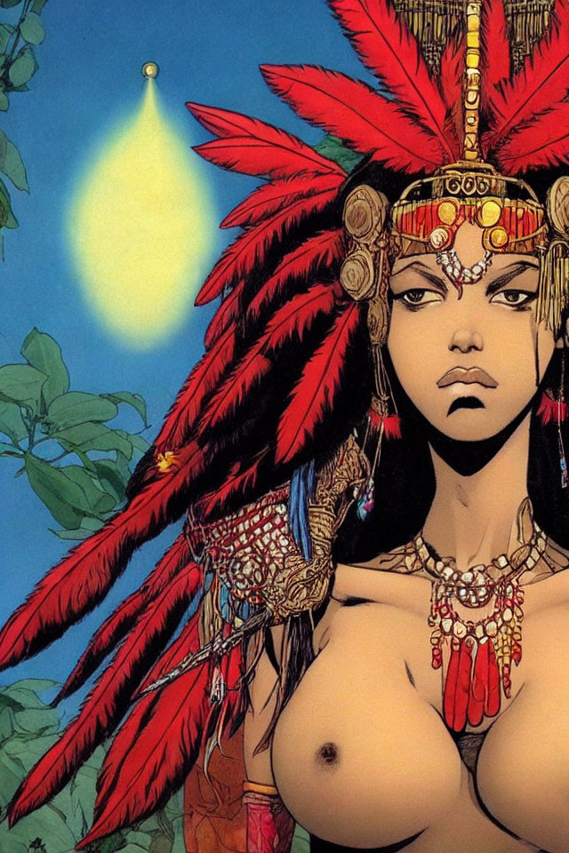 Detailed Woman Drawing with Red Feather Headdress and Golden Jewelry against Blue Sky