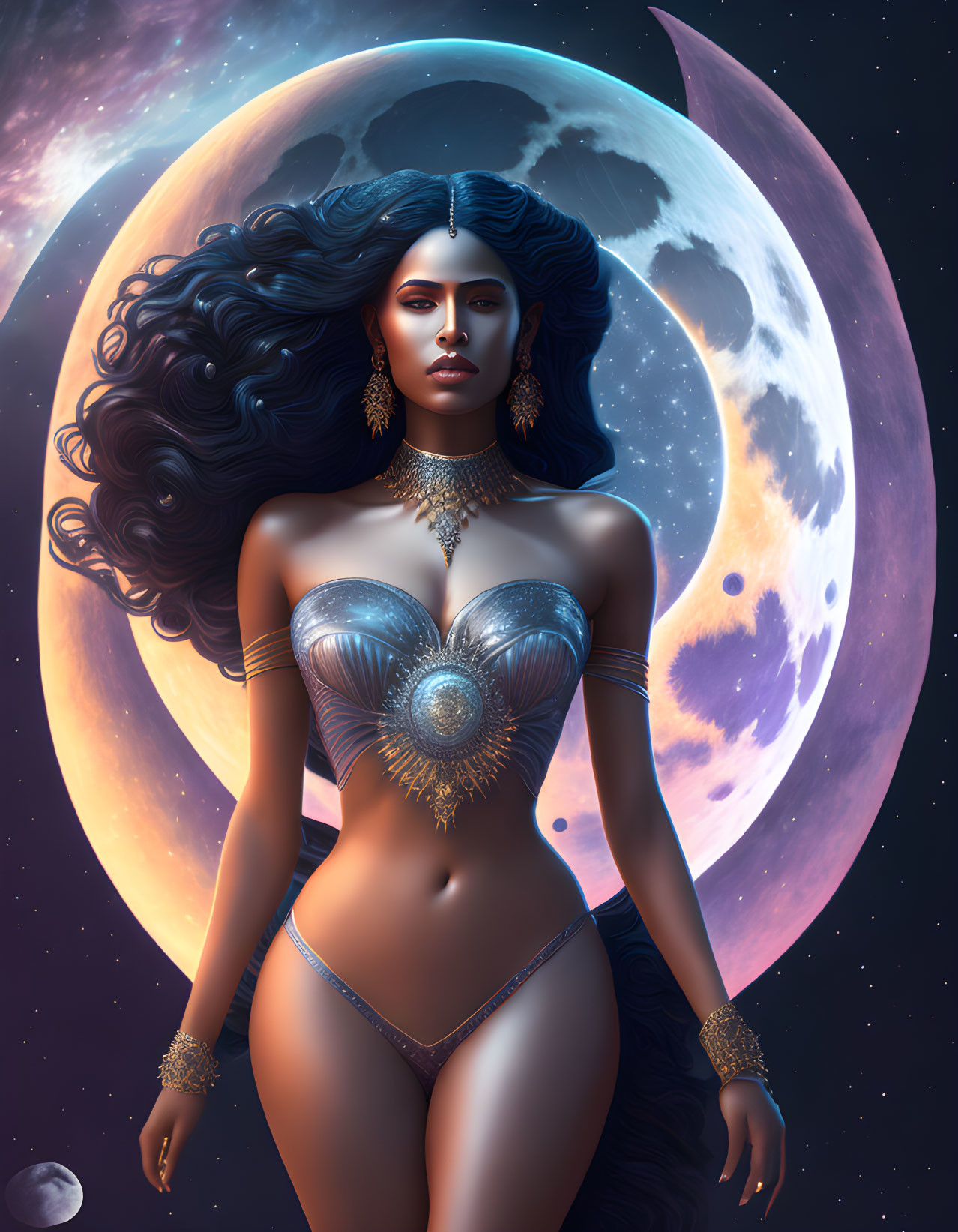 Dark-haired woman with golden jewelry under a large moon and stars depicts celestial theme