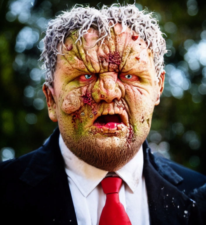 Person in gory monster makeup with disheveled suit and red tie