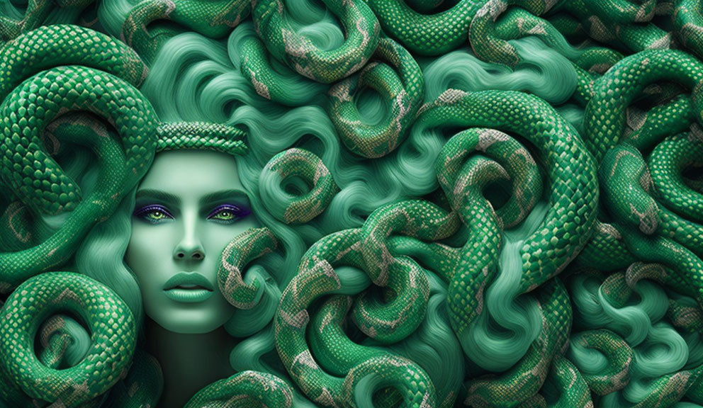 Surreal image: Woman with green hair and snakes on green background