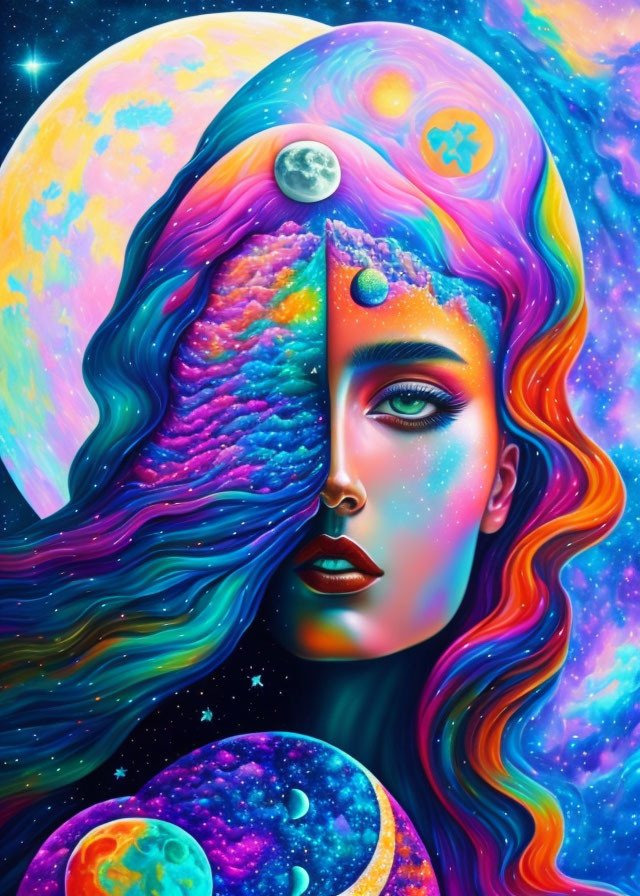 Colorful portrait of a woman with cosmic elements and rainbow hues