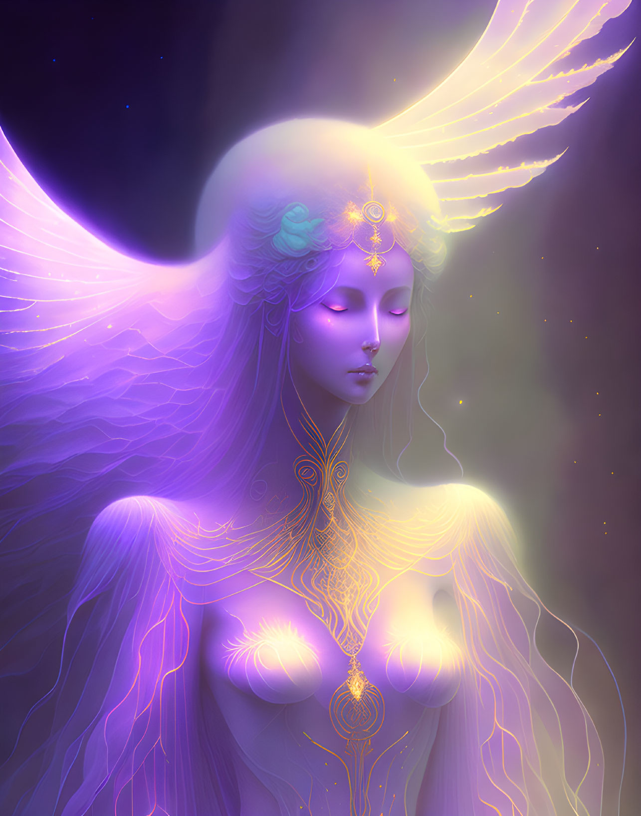 Violet-skinned figure with angelic wings and gold body art under starry skies