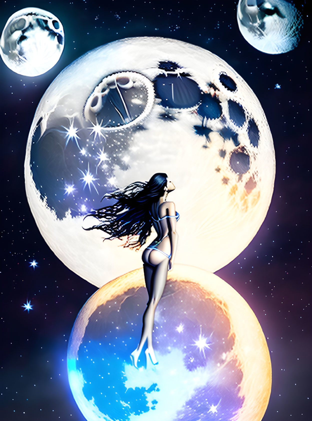 Surreal digital art: Woman with long hair between colorful planets