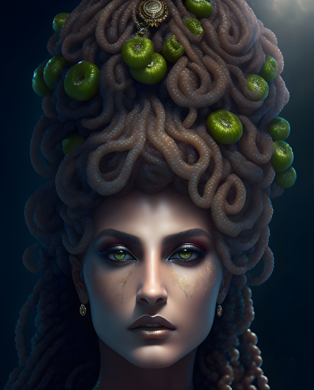 Stylized portrait of woman with octopus tendrils and green apple headdress.