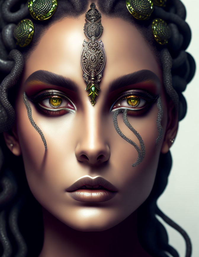 Portrait of Woman with Striking Yellow Eyes and Elaborate Red Eye Makeup