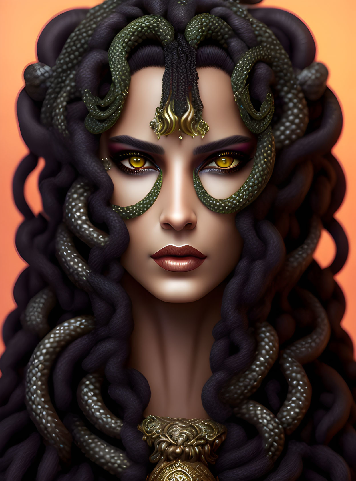 Digital artwork of woman with serpent-like hair and golden snake eyes on orange background