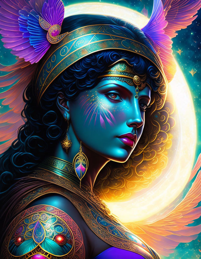 Vibrant digital portrait of woman with golden headdress and moon frame