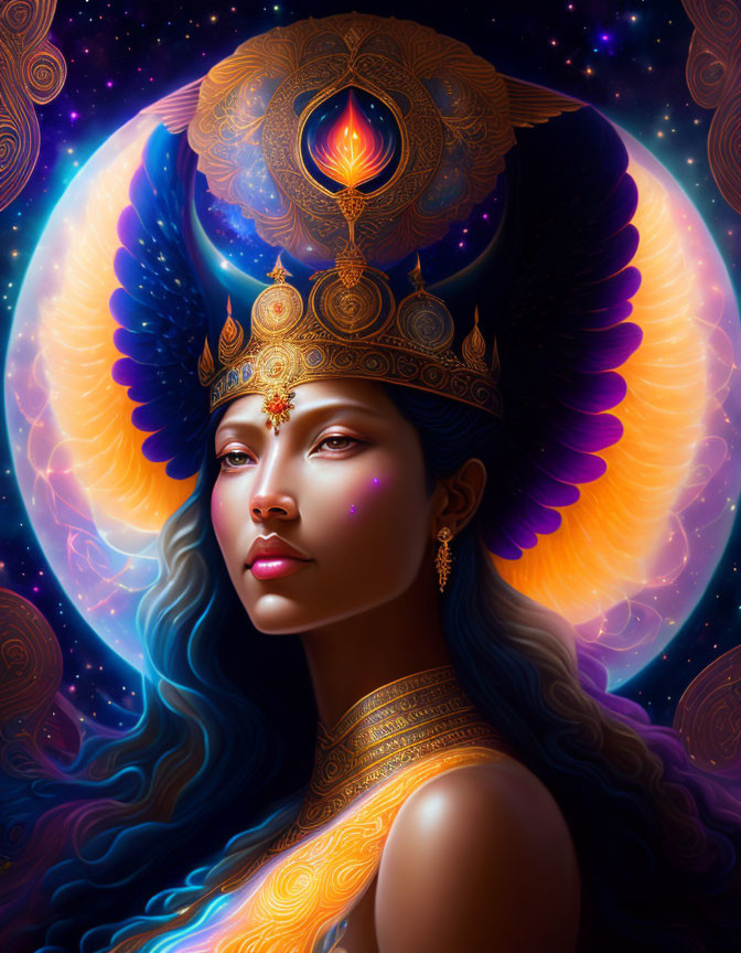 Blue-haired mystical woman with golden jewelry and cosmic halo.