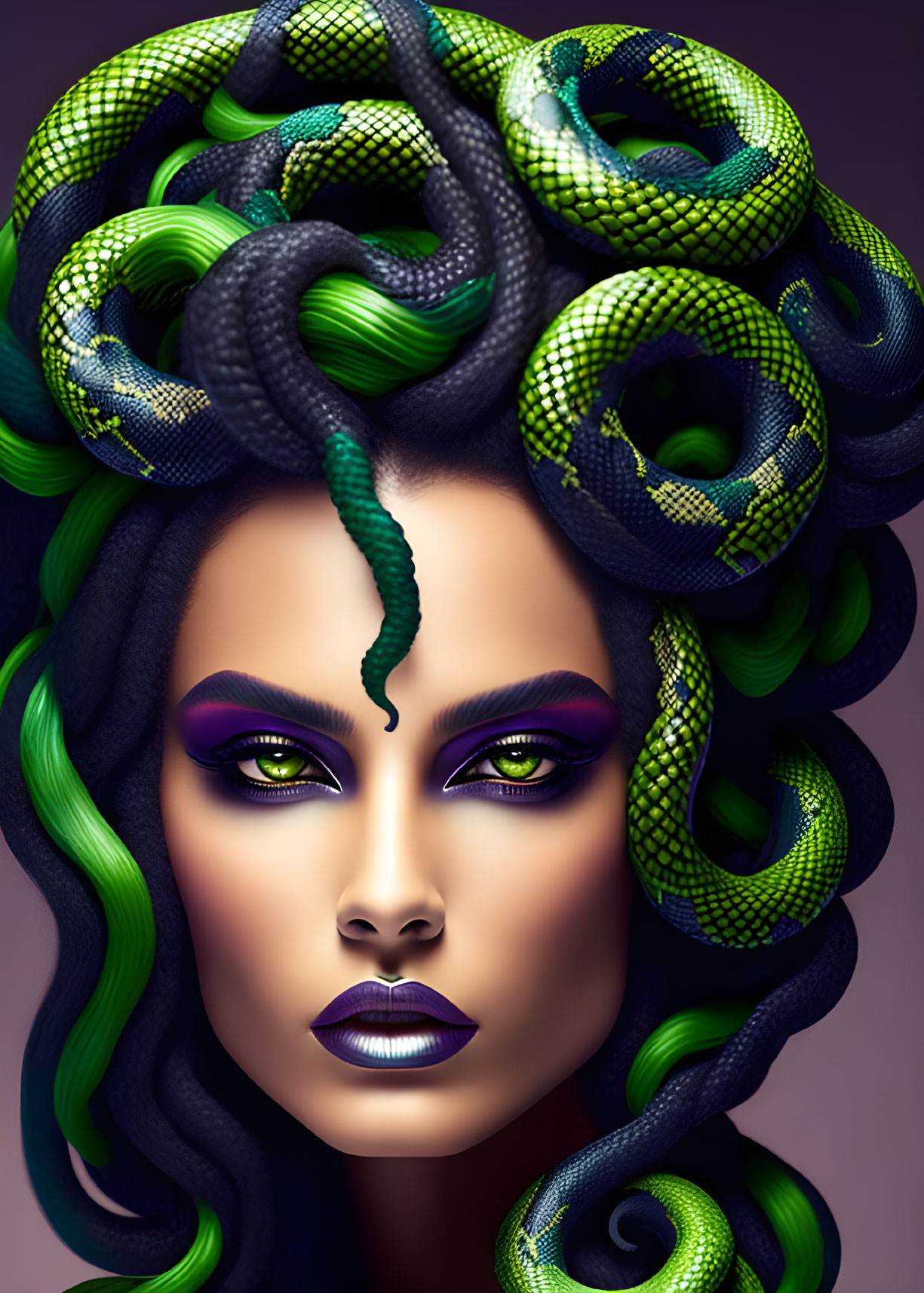 Woman with dramatic makeup and snakes in hair, resembling Medusa