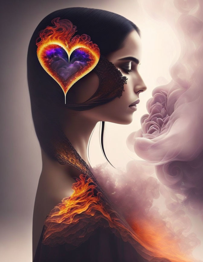 Digital Art: Woman with Lace Mask and Fiery Heart Aura