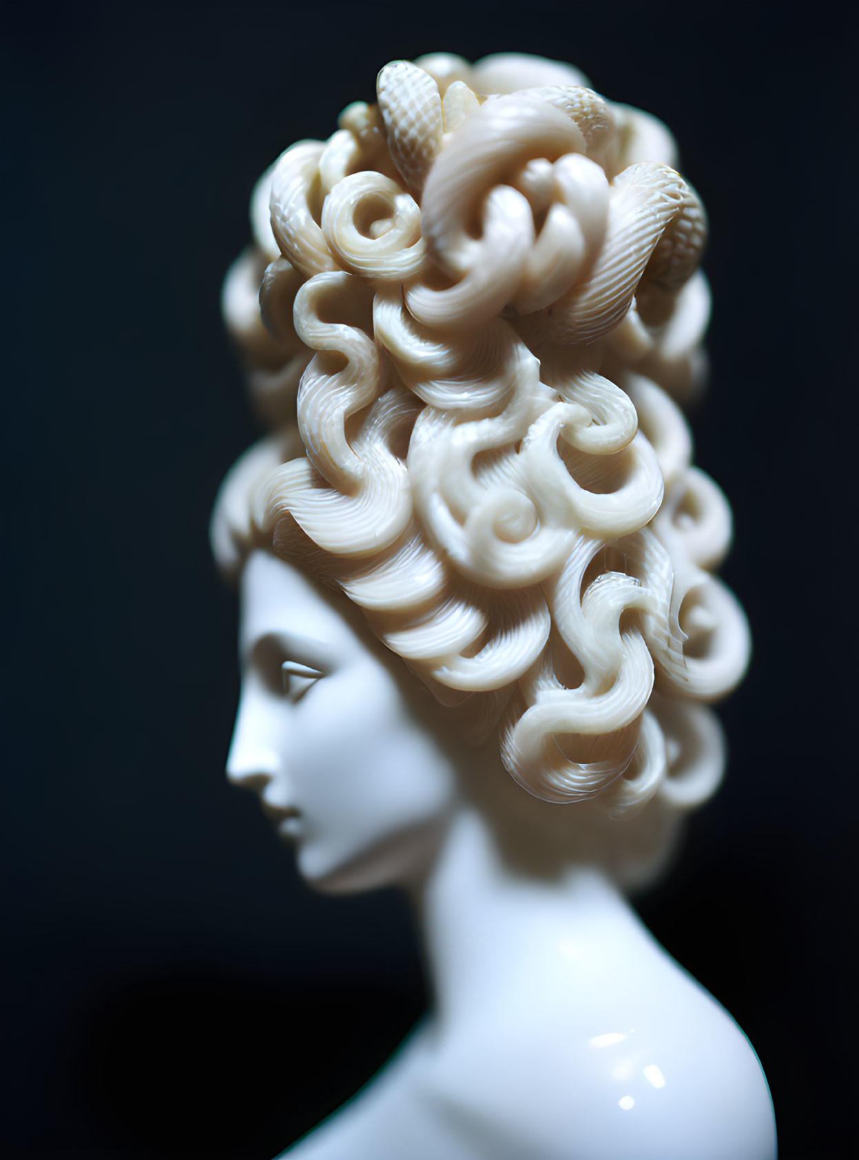 Profile view of white sculpted woman bust with intricate curly hair against dark background