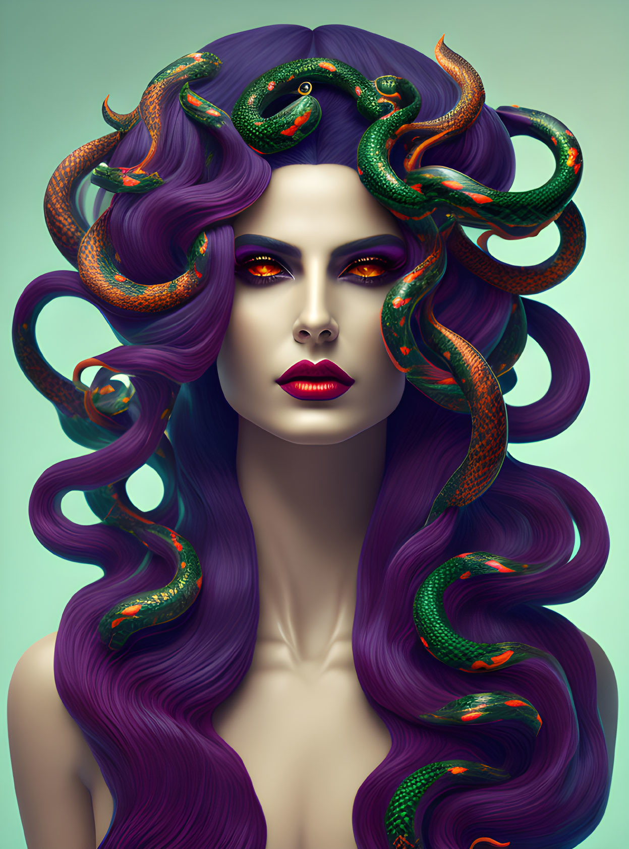 Vibrant digital artwork: woman with purple hair and colorful snakes on mint green background