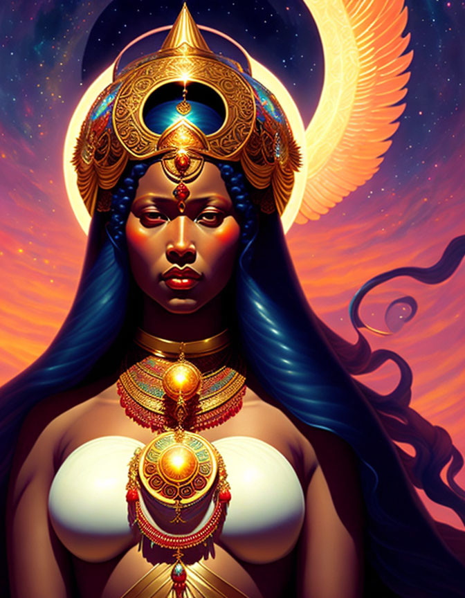 Illustration of woman with blue skin, gold headdress, crescent moon backdrop.