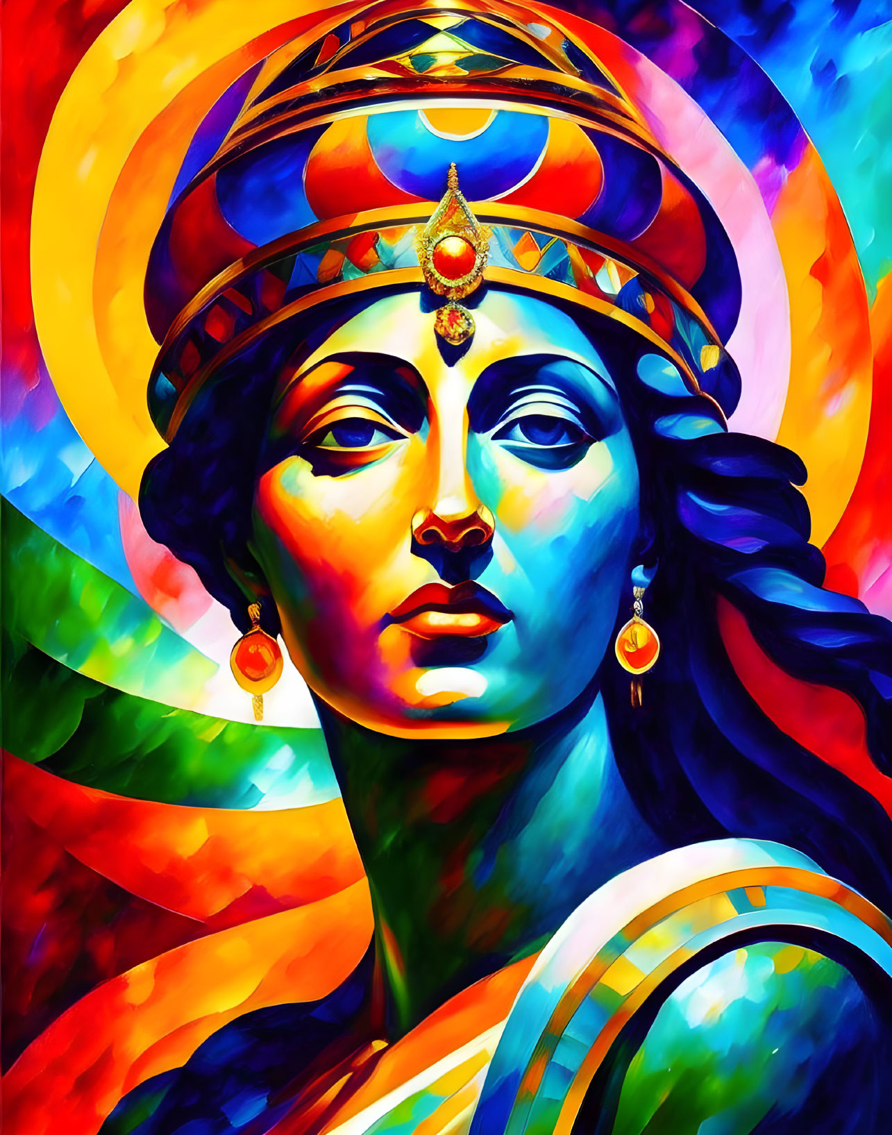 Colorful portrait of woman with blue skin, intricate headdress, and vibrant background.