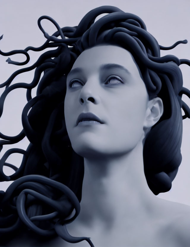 Monochromatic image of person with artistic ribbon-like hairstyle gazing upward