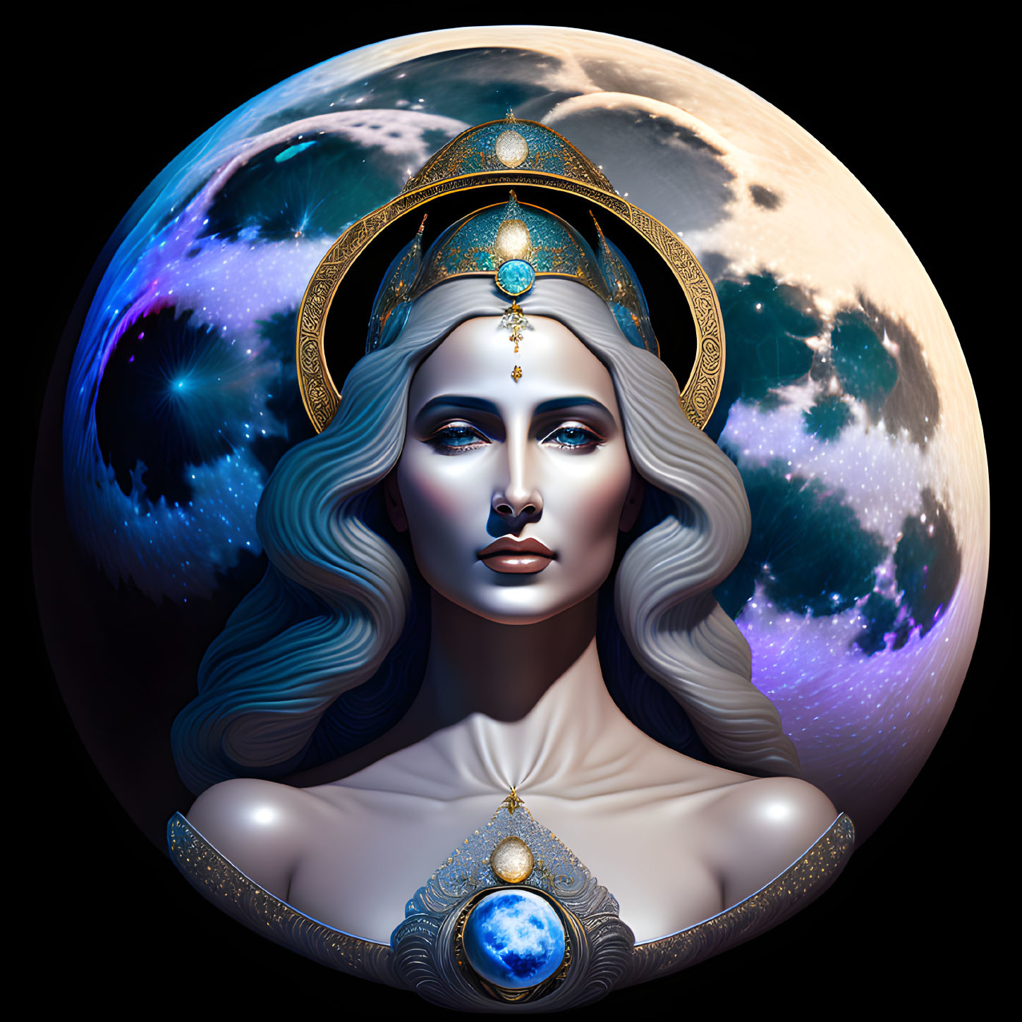 Surreal portrait of woman with silver hair, cosmic makeup, gold headpiece, moon backdrop,