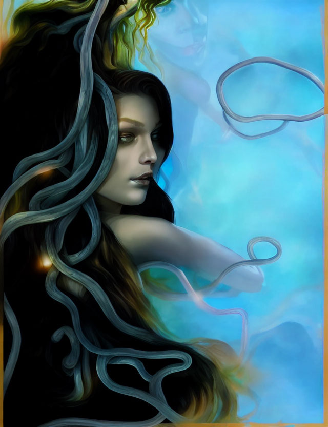 Digital painting of two mystical women with flowing hair - one with dark hair in foreground, one ghostly