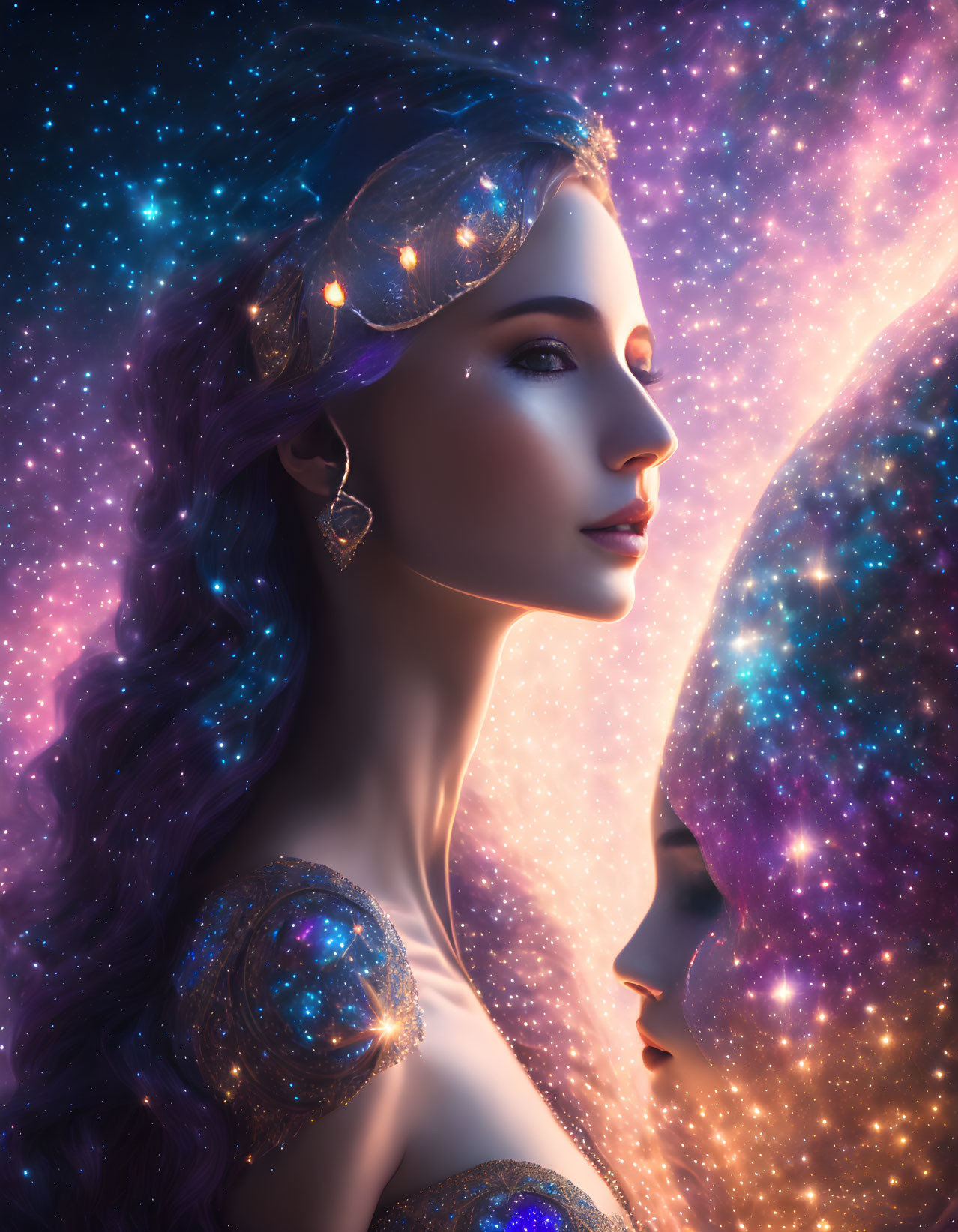 Mystical woman with cosmos-inspired hair in nebula setting