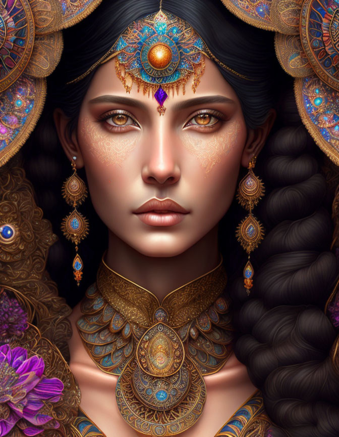 Woman adorned in ornate gold and blue jewelry with dark hair and serious expression