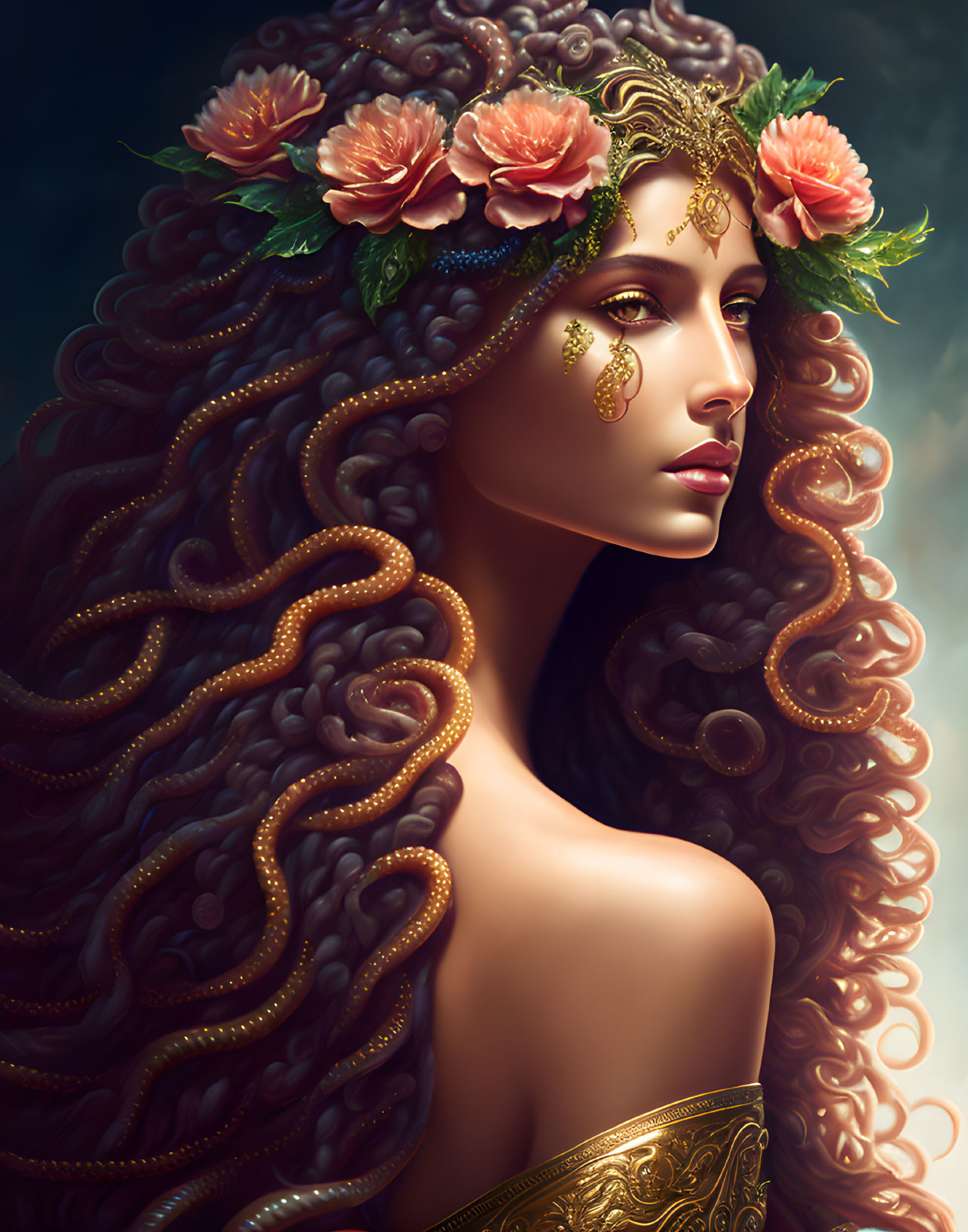 Ethereal woman portrait with voluminous hair and floral crown