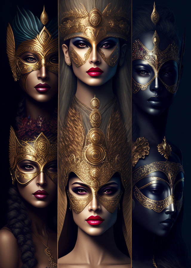 Diverse women in ornate golden masks and headdresses