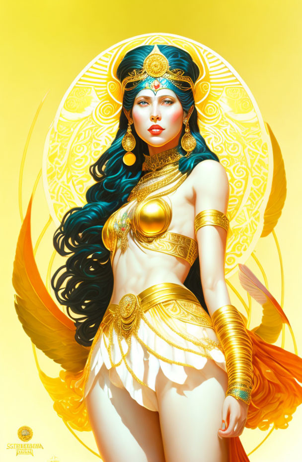 Illustrated female figure in golden jewelry on yellow background