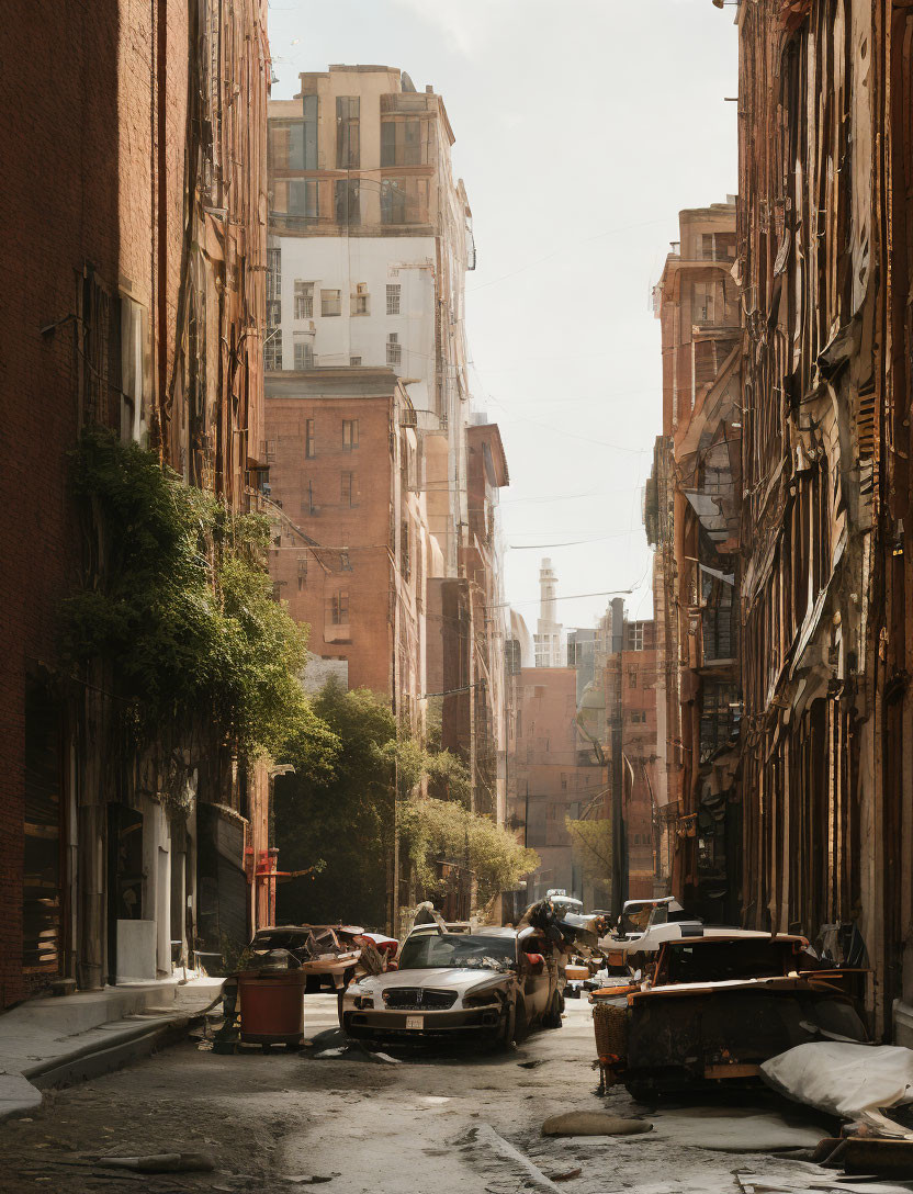 Weathered buildings, parked cars, and debris in urban alley at sunset