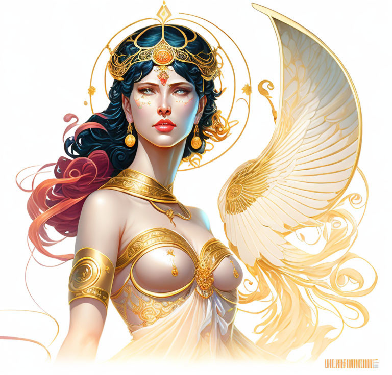 Female fantasy figure with bird wings, golden jewelry, red hair, and mystical aura