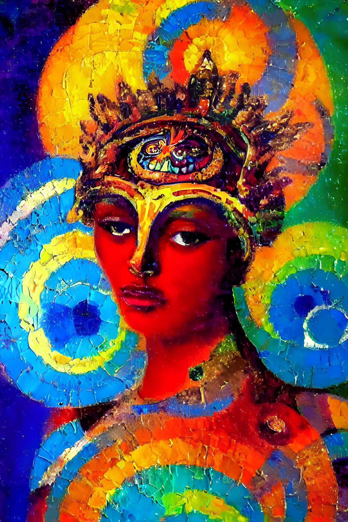 Colorful painting of figure with elaborate headdress and mystical third eye