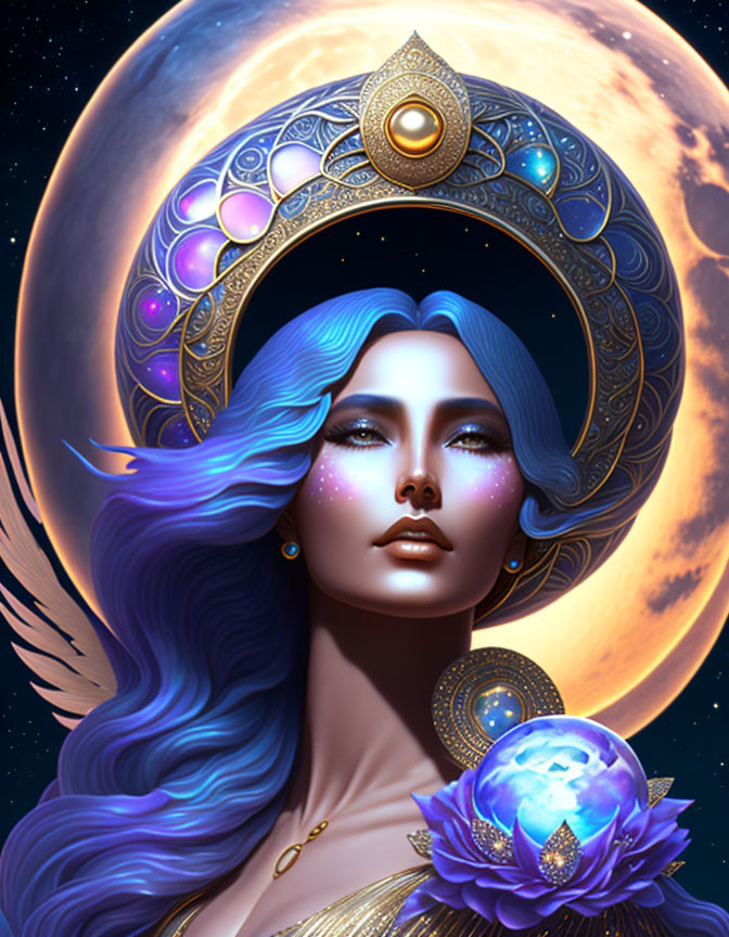 Ethereal woman with blue flowing hair under full moon