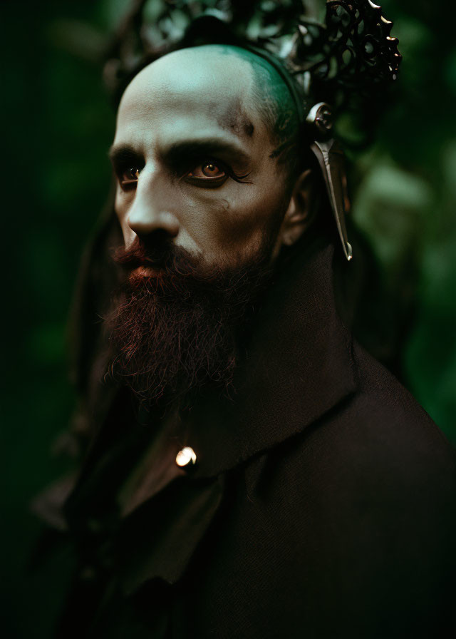 Portrait of person with stylized beard, intense gaze, and avant-garde headpiece on dark green