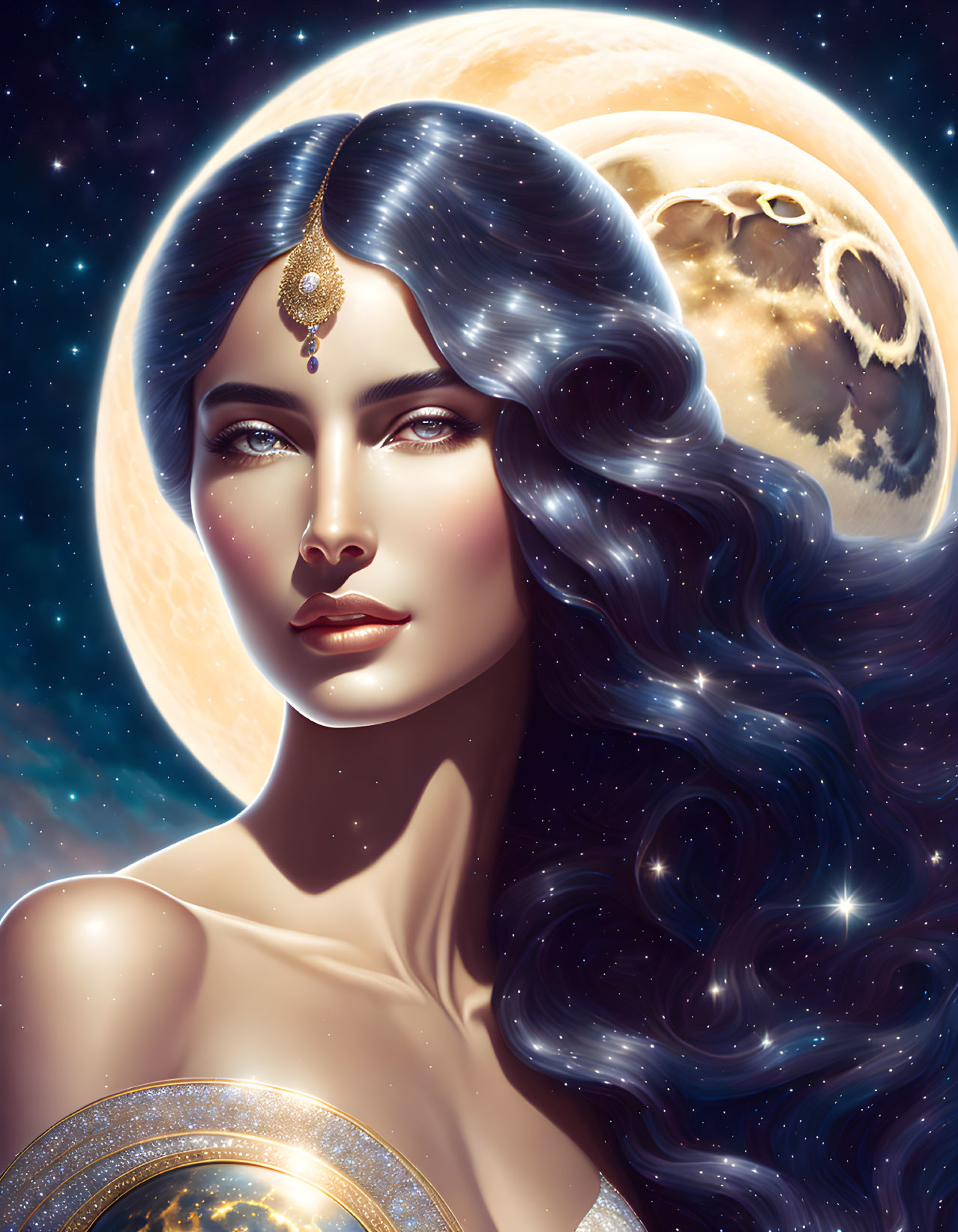 Celestial woman with star-studded hair and golden moon backdrop