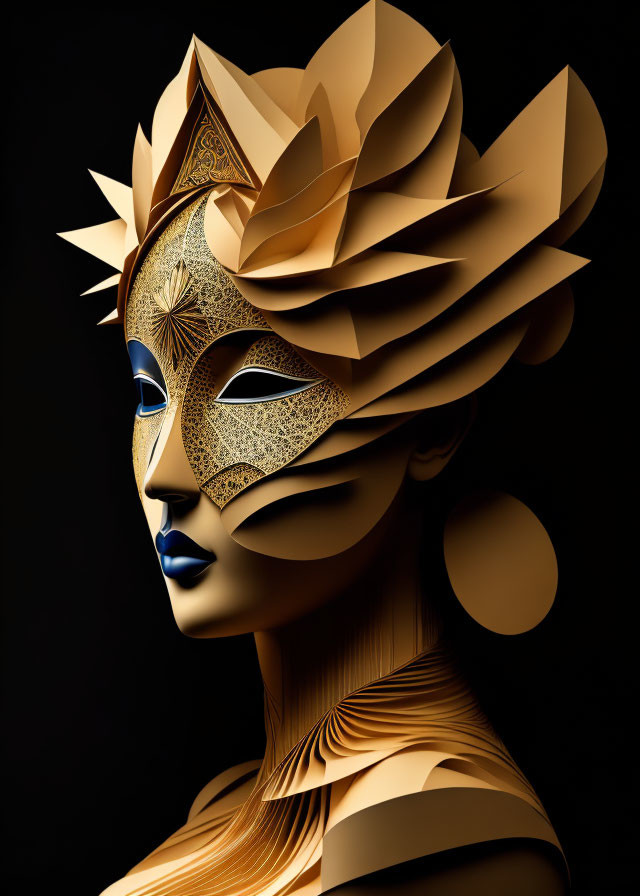 Golden leaf-patterned mask on face with crown headpiece against black background