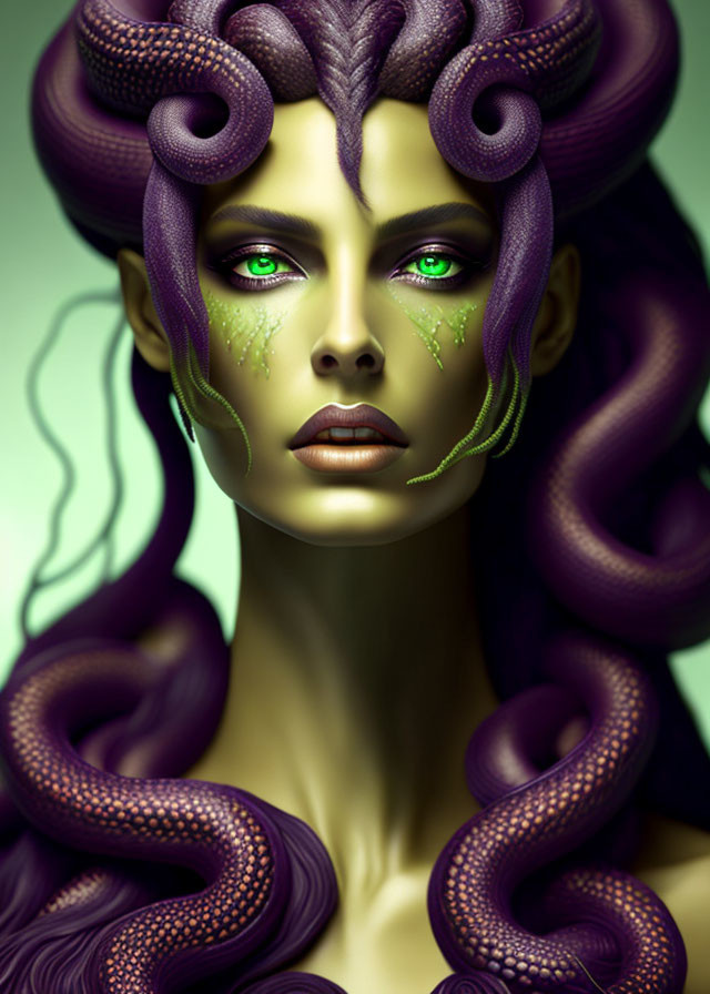 Digital art portrait of female figure with green eyes, purple serpentine hair, and green facial markings