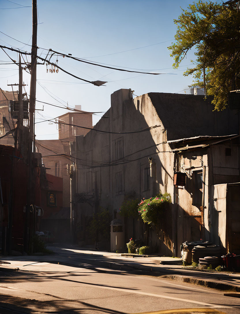 Sunlit Street Scene with Old Buildings and Power Lines