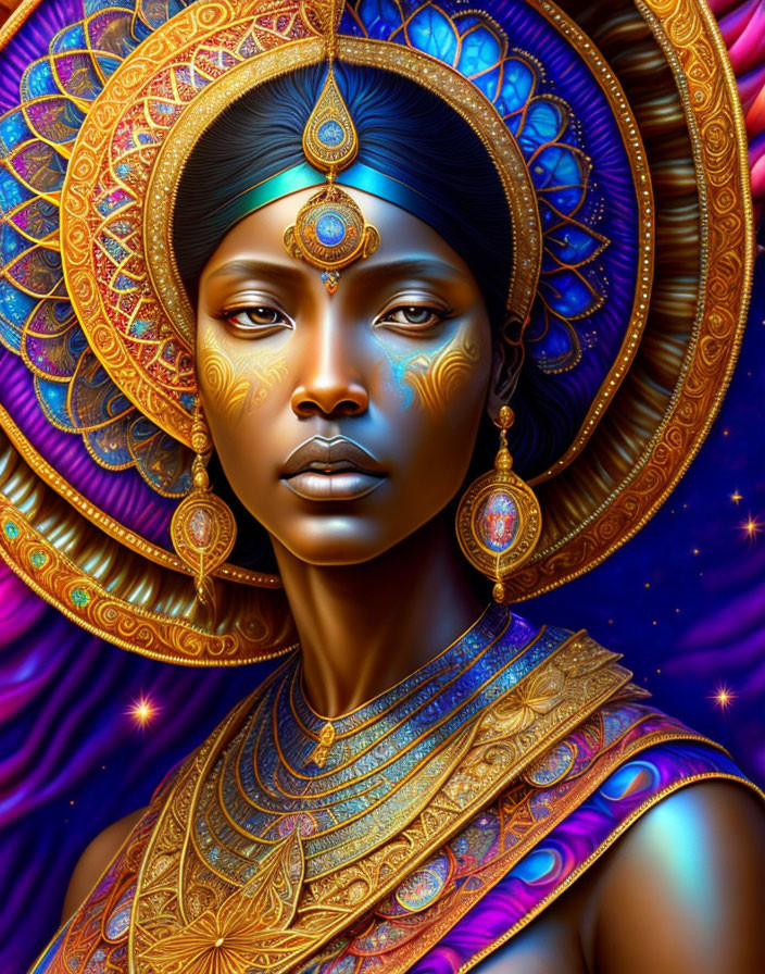 Colorful artwork of woman with headpiece and jewelry on cosmic mandala background