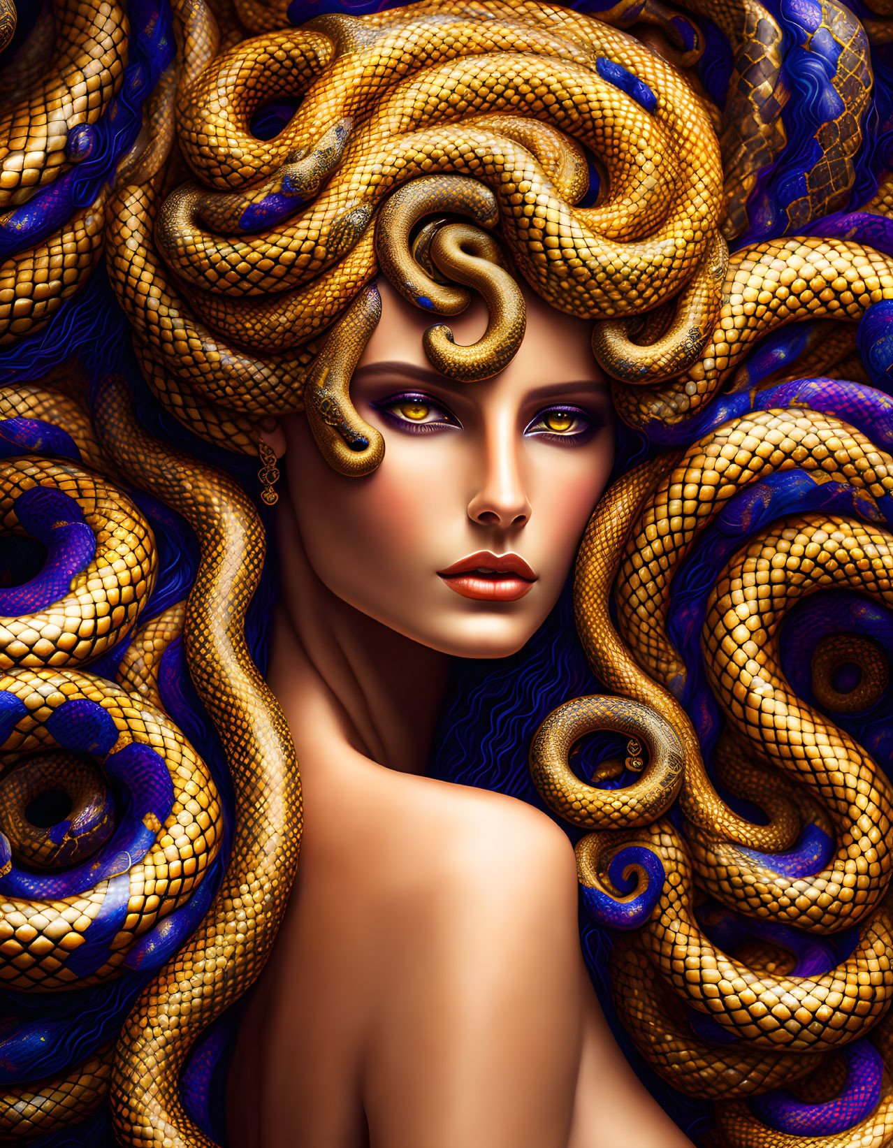 Mythical woman with golden serpentine hair in vibrant digital artwork