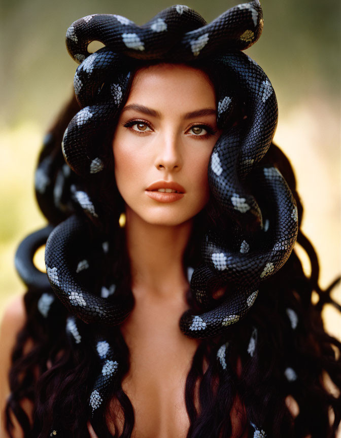 Dark-haired woman with snake crown in natural setting