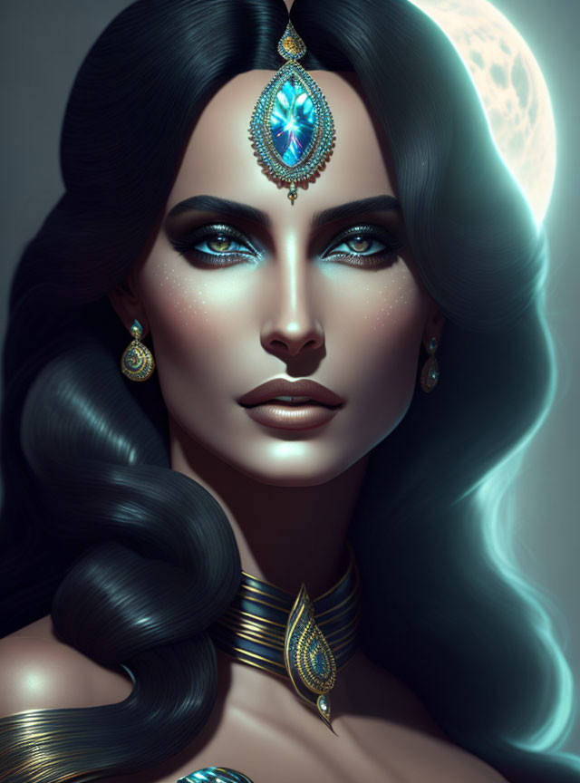 Illustration of woman with dark hair, blue eyes, gemstone jewelry in moonlit setting